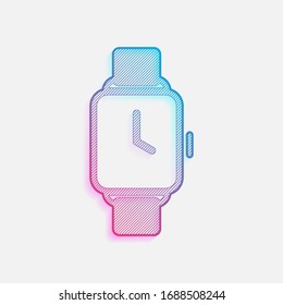 Hand smart watch with square display. Technology icon. Technology logo with diagonal lines and colored gradient. Neon graphic, light effect. Blue and red colors