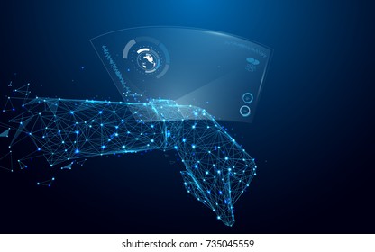 Hand with smart watch and technological digital holographic plate from lines and triangles, point connecting network on blue background. Illustration vector