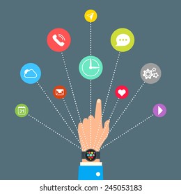 Hand with Smart Watch and technology functions, Mobile Icons, vector graphics, eps 10