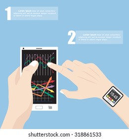 Hand with smart watch touching finance graph on mobile phone interface with smart phone, Vector Illustration EPS 10.