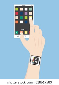 Hand with smart watch touching mobile phone interface with smart phone, Vector Illustration EPS 10.