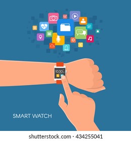 Hand with smart watch. Vector illustration in flat style. Design elements and app icons.