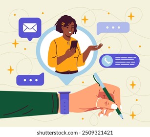 Mano con relojes inteligentes. Mujer con teléfono inteligente comunicarse con un amigo en línea. Comunicación en redes sociales y mensajeros. Dispositivo y gadget modernos. Ilustración vectorial plana