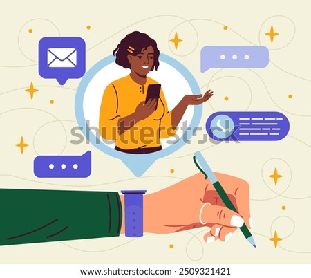 Hand with smart watches. Woman with smartphone communicate with friend online. Commuication in social networks and messengers. Modern gadget and device. Flat vector illustration