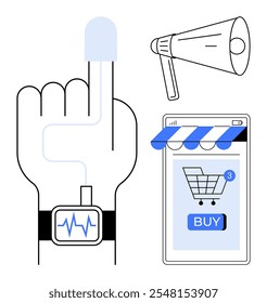 A hand with a smart wearable device, an e-commerce shopping cart on a smartphone screen, and a megaphone represent modern trends. Ideal for illustrating technology, healthcare, online shopping