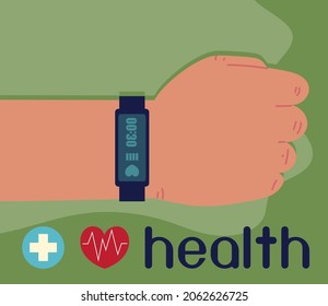hand with smartband monitoring health