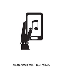 mano con la nota de la aplicación para smartphones melodía musical música de sonido vectorial ilustración silueta estilo icono