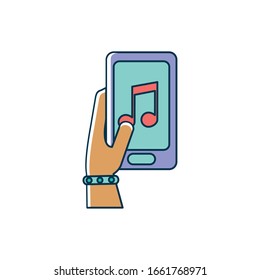 hand with smartphone app note musical melody sound music vector illustration line and fill style