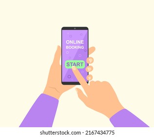 Mano con smartphone con aplicación para la reserva online en pantalla. Ilustración vectorial en estilo plano