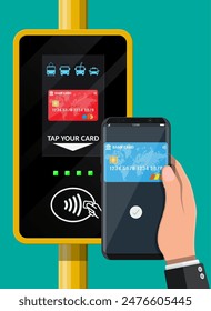 Hand with smartphone and bank card near terminal. Airport, metro, bus, subway ticket validator. Wireless contactless cashless payments, rfid nfc. Flat vector illustration