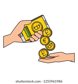 hand with smartphone and bitcoin commerce