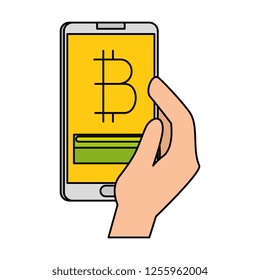 hand with smartphone and bitcoin commerce