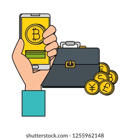 hand with smartphone and bitcoin commerce