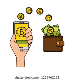 hand with smartphone and bitcoin commerce