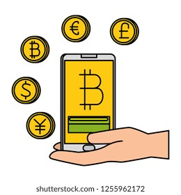 hand with smartphone and bitcoin commerce