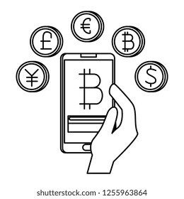 hand with smartphone and bitcoin commerce