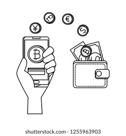 hand with smartphone and bitcoin commerce