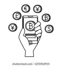 hand with smartphone and bitcoin commerce