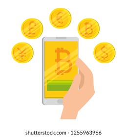 hand with smartphone and bitcoin commerce