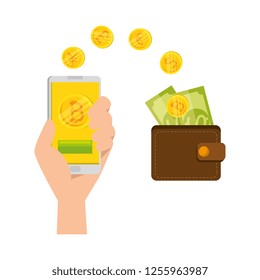 hand with smartphone and bitcoin commerce