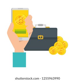 hand with smartphone and bitcoin commerce
