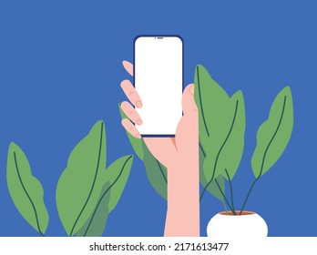 Hand with smartphone with blank screen on a background with tropical plants. Flat vector illsutration.