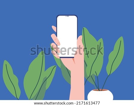 Hand with smartphone with blank screen on a background with tropical plants. Flat vector illsutration.