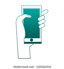 Hand with smartphone in blue lines