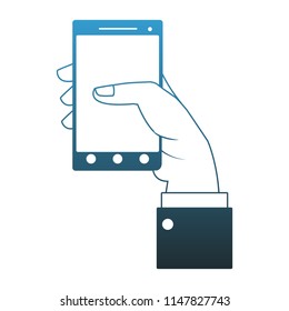 Hand with smartphone blue lines