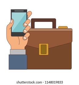 Hand with smartphone and briefcase