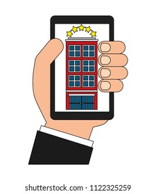 hand with smartphone and building hotel five stars