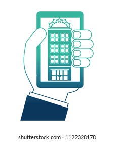 hand with smartphone and building hotel five stars