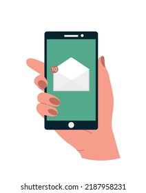 Hand with smartphone. Business correspondence, message in instant messengers or social networks. Communication on Internet, online chatting. Devices and gadgets. Cartoon flat vector illustration