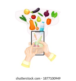 Hand with Smartphone Buying Food in Online Supermarket Vector Illustration