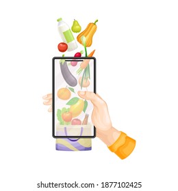 Hand with Smartphone Buying Food in Online Supermarket Vector Illustration