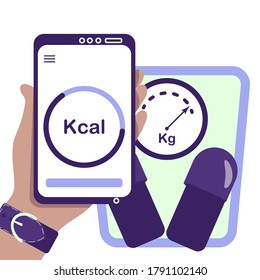 Hand, Smartphone With Calories Counter Screen Application, Floor Scales. Diet, Healthy Nutrition Concept Illustration. Flat Vector Isolated. Lose Weight Kilos, Personal Tracking, Achievement, Wellness