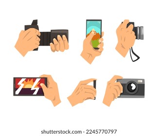 Hand with Smartphone and Camera Taking Landscape Photo or Picture Vector Set