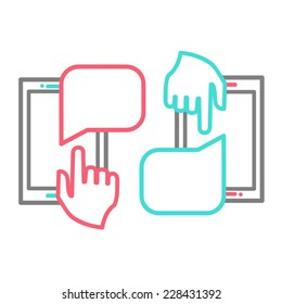Hand and  smartphone. Chat application template ,can place your own text in the message boxes. Line vector illustration eps 10