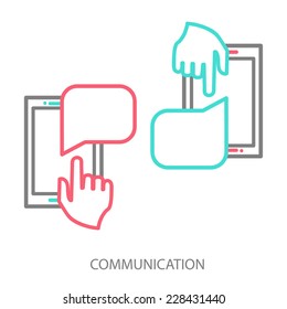 Hand and  smartphone. Chat application template ,can place your own text in the message boxes. Line vector illustration eps 10