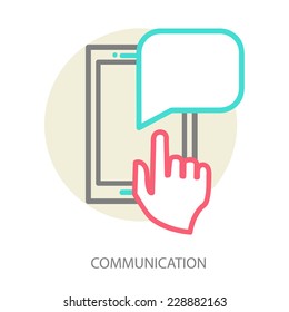 Hand and  smartphone. Chat application template ,can place your own text in the message boxes. Line vector illustration eps 10
