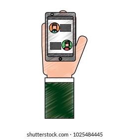 hand with smartphone chat message in screen