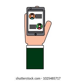 hand with smartphone chat message in screen