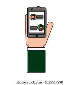 hand with smartphone chat message in screen