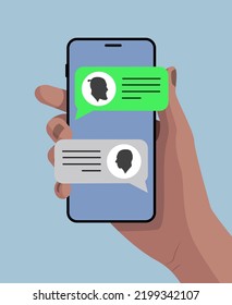 Hand with smartphone. Chat. Pop-up notifications. Contact icon on the screen. Blue background. Illustration with smartphone. Hand holding smartphone. 