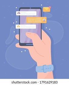Hand mit Smartphone-Chat-Anwendung, Social Network Communication System und Technologien Vektorgrafik