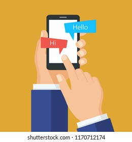 Hand with smartphone and chatting bubble speeches. Chat icon, message on smartphone screen. Online conversation concept. Creative flat design vector illustration.