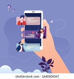 Hand with smartphone and chatting bubble speeches