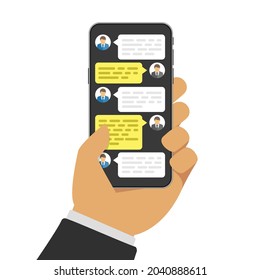 Hand with smartphone and chatting bubble speeches on screen. Online talking, conversation or dialog concept. Mobile Phone chat message notifications. Vector illustration. EPS 10.