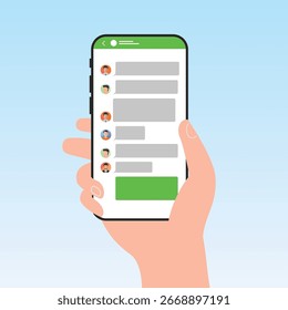 Hand with smartphone and chatting bubble speeches. Chat icon, group message on smartphone screen. Online conversation concept. Flat design vector illustration	
