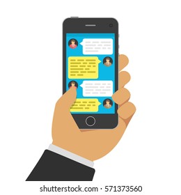 Hand with smartphone and chatting bubble speeches on screen. Online talking, conversation or dialog concept. Mobile Phone chat message notifications. Vector illustration. EPS 10.
